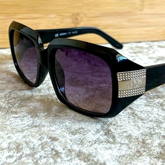 Armani Exchange Black Square Sunglasses w/ Silver Tone Metal Logo Purple Lens - Picture 1 of 16